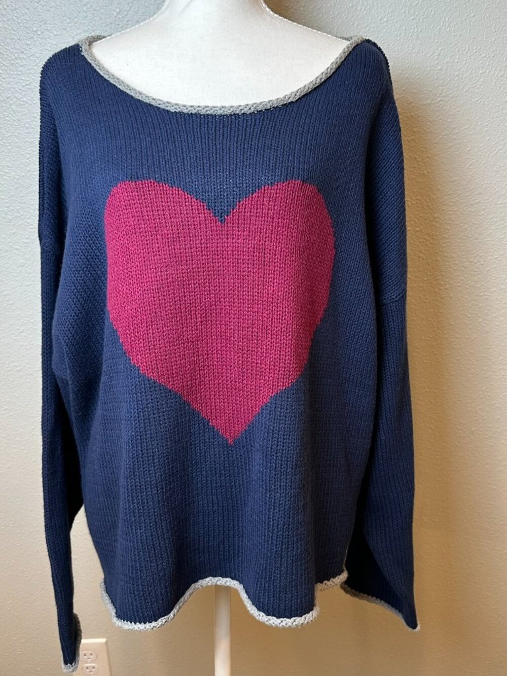 Natural Life Heart Knit Sweater Navy Blue Pink Oversized Slouchy L/XL Boho Cozy